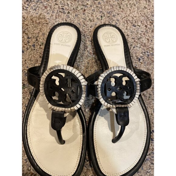 Tory Burch Miller Fringe Flip Flop Thong Sandal Black and White Size: 8M - Picture 3 of 7